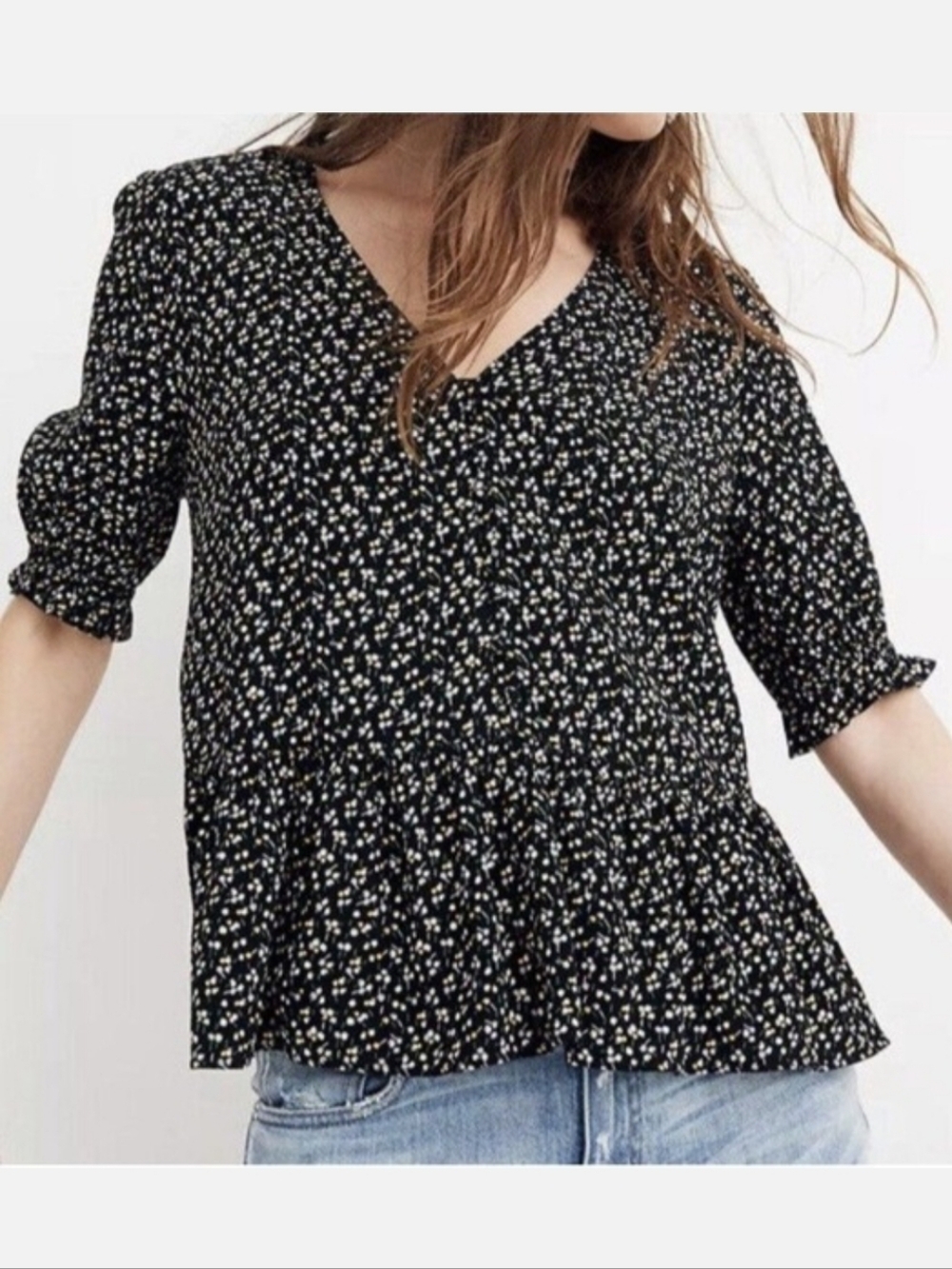 MADEWELL Black Floral V-Neck Peplum Top